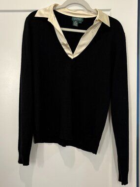 VTG Lauren by Ralph Lauren silk/cashmere black V-neck collared shirt sweater L